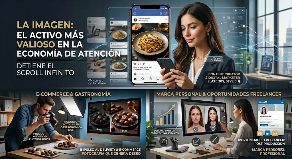 Muestra a una creadora de contenido en un smartphone cautivada por una foto de comida profesional que detiene el scroll (arriba). A un fotógrafo capturando chocolates para e-commerce con una comparación de antes y después de 'food styling' y edición (abajo izquierda). Y a una mujer retocando un retrato profesional para LinkedIn, simbolizando las oportunidades de negocio para freelancers en post-producción (abajo derecha). La imagen resalta el valor de la fotografía profesional en la economía de la atención.