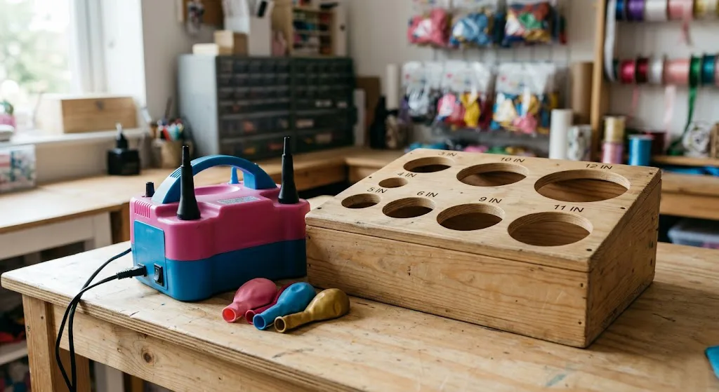 Un inflador eléctrico de globos de doble boquilla de color rosa y azul, junto a una caja calibradora de globos de madera con múltiples orificios de diferentes diámetros marcados en pulgadas.