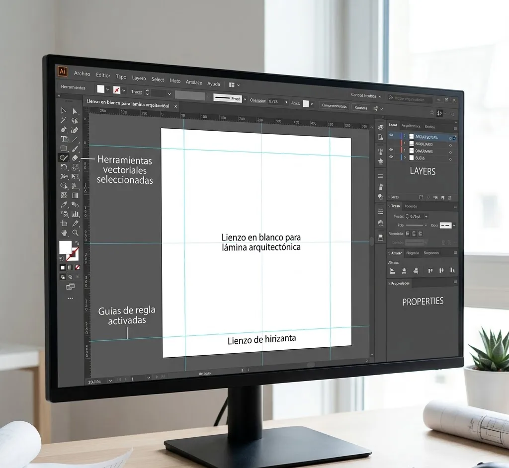 Vista limpia y cenital de la interfaz de Adobe Illustrator en una pantalla de alta resolución, mostrando un lienzo en blanco con guías de regla activadas y el panel de herramientas vectoriales seleccionado, preparado para la diagramación de una lámina arquitectónica.
