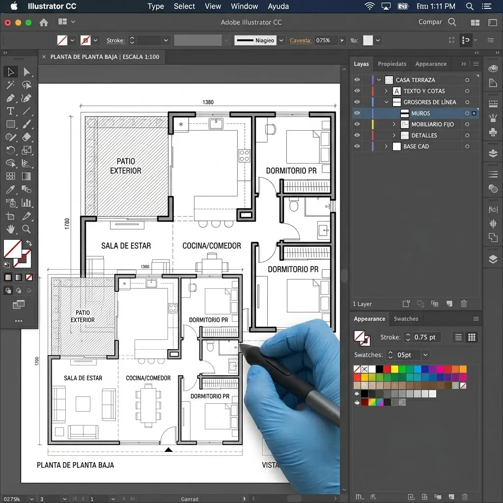 interfaz de Adobe Illustrator mostrando un plano arquitectónico organizado en capas con diferentes grosores de línea para muros, mobiliario y detalles.