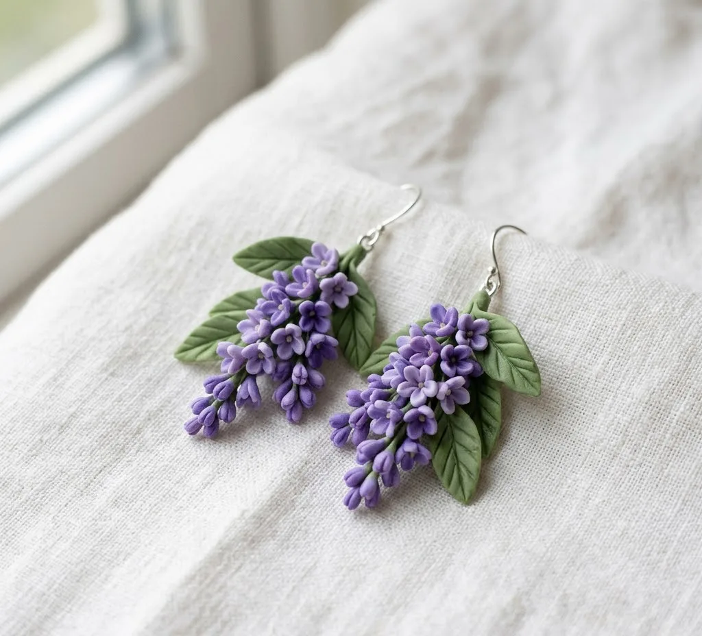 Primer plano de unos pendientes hechos a mano con arcilla fría representando pequeñas flores de lavanda y hojas verdes con textura realista sobre un fondo de lino blanco.