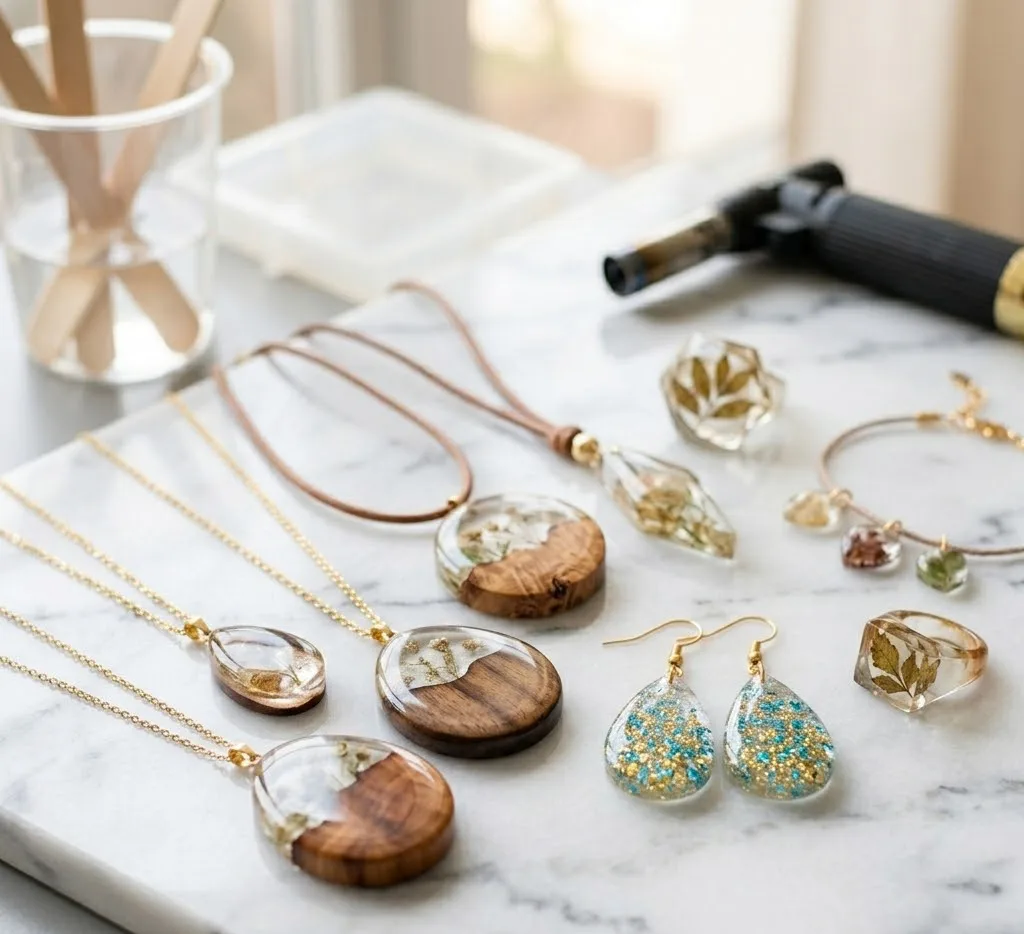 Una colección de joyas terminadas hechas con resina, incluyendo colgantes con madera y pendientes con purpurina, dispuestos elegantemente sobre una superficie de mármol blanco.