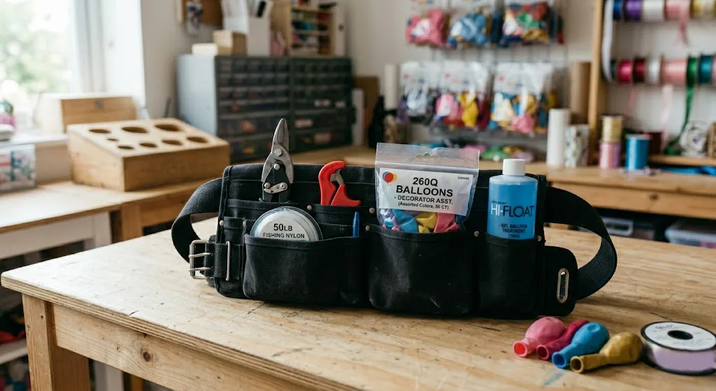 Un cinturón de herramientas de lona negra abierto sobre una mesa, mostrando tijeras profesionales, un cortador de cinta de seguridad, un rollo de línea de nylon, un paquete de globos 260Q y una botella de gel Hi-Float.