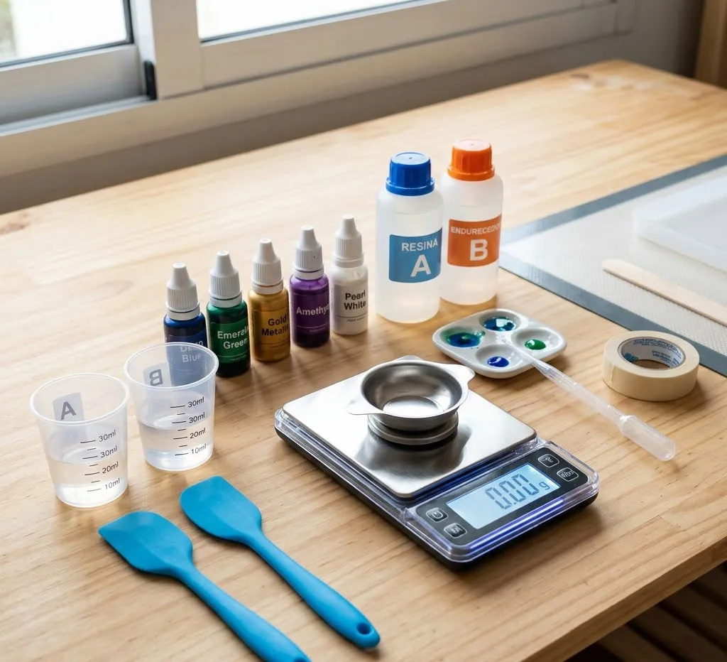 Un set organizado de suministros para arte con resina sobre una mesa de trabajo limpia, incluyendo recipientes de mezcla, espátulas de silicona, pigmentos líquidos y balanza digital.