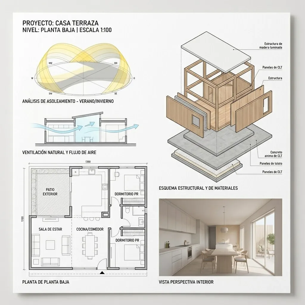 lámina arquitectónica profesional con plano, diagramas y elementos gráficos organizados en una composición limpia y minimalista.