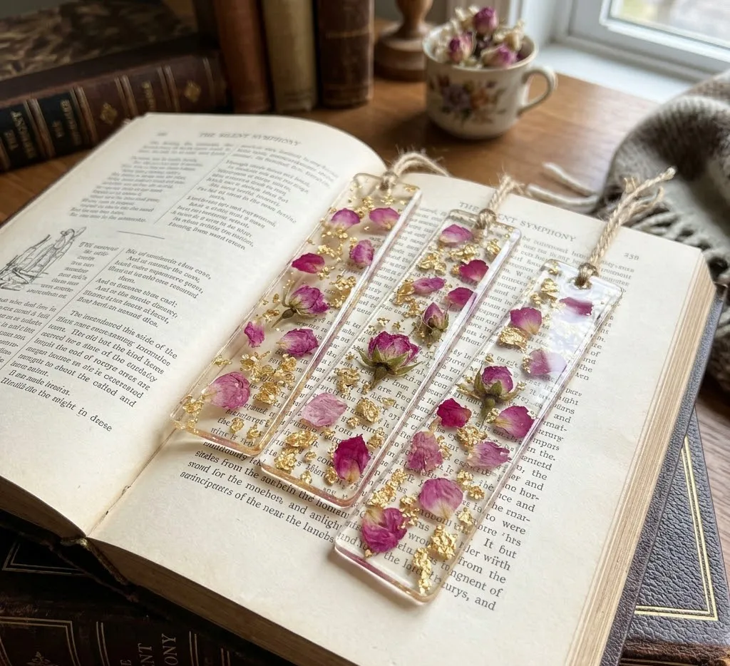 Tres marcapáginas de resina delgados y transparentes con láminas de oro y pétalos de rosa secos en su interior, reposando sobre un libro abierto.