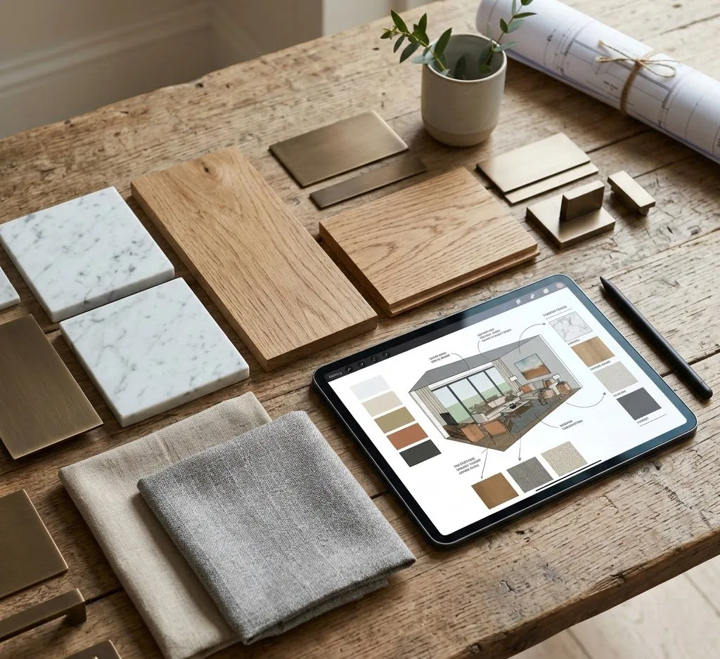 Moodboard físico que incluye muestras de mármol, madera de roble, telas de lino y acabados metálicos en bronce junto a una tablet que muestra un diseño digital.