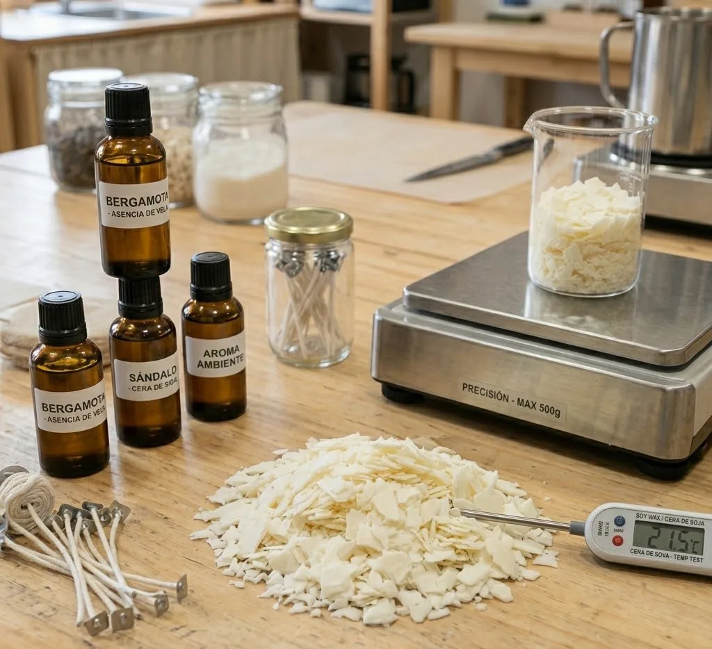 Primer plano de escamas de cera de soja pura, aceites esenciales en frascos de vidrio ámbar y termómetro digital sobre una mesa de madera limpia.