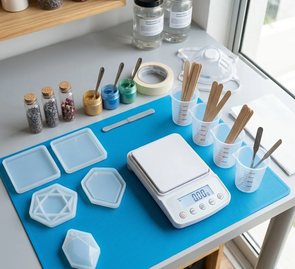 Vista superior de una mesa de trabajo organizada con moldes de silicona limpios, vasos medidores, palitos de madera y una balanza digital de precisión sobre un tapete de silicona azul.