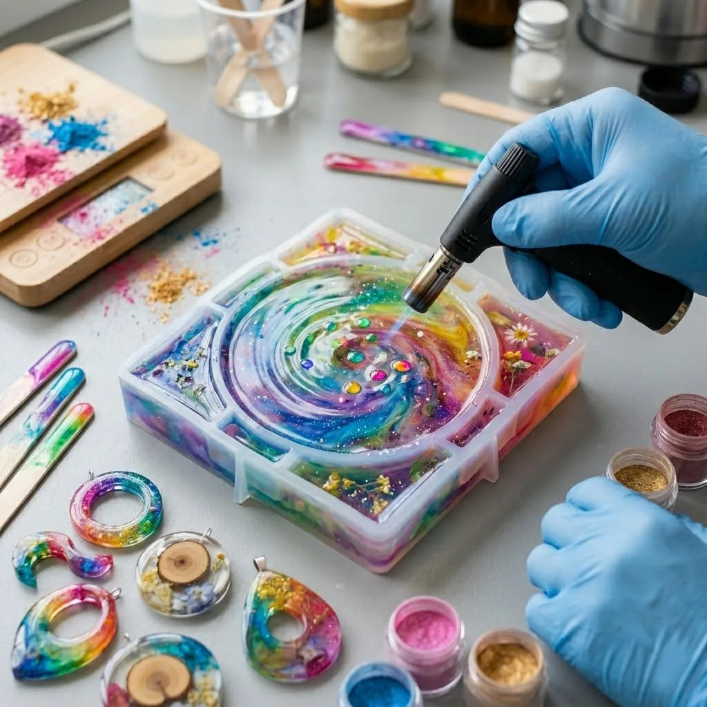 Primer plano de una mano con guante de nitrilo azul sosteniendo un soplete pequeño y aplicando calor sobre un molde de silicona transparente lleno de resina epóxica con vibrantes remolinos de colores brillantes y purpurina en su interior. Varias piezas de resina ya curadas y coloridas están dispuestas en el primer plano sobre una mesa de trabajo gris, con frascos de pigmentos y una balanza de madera al fondo.