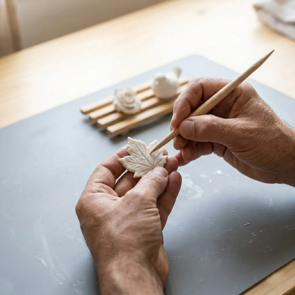 Un primer plano de las manos de un artesano utilizando una esteca de madera para dar textura a una pequeña pieza decorativa de arcilla fría en forma de hoja. La iluminación es suave y resalta la plasticidad de la pasta y la precisión del detalle.