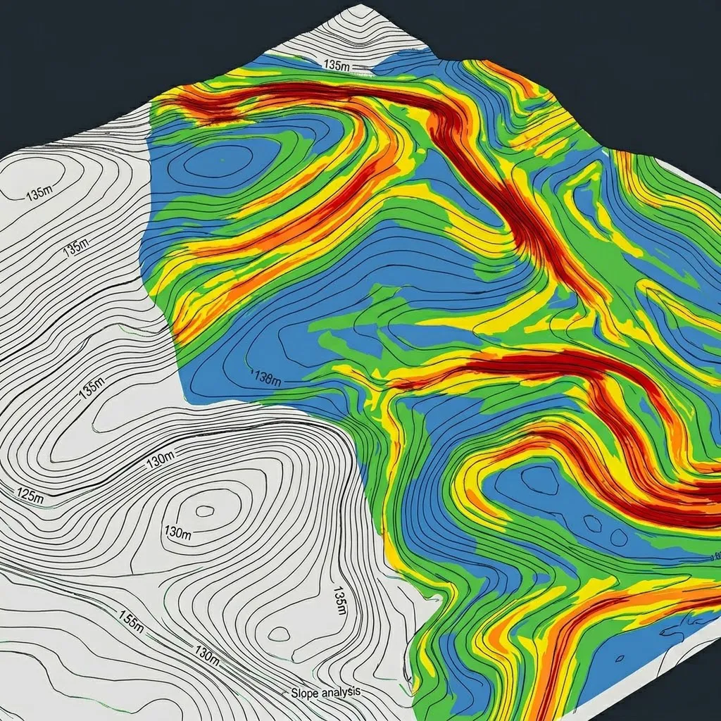 Vista técnica de un modelo digital de terreno en Civil 3D mostrando curvas de nivel detalladas y análisis de pendientes en colores degradados