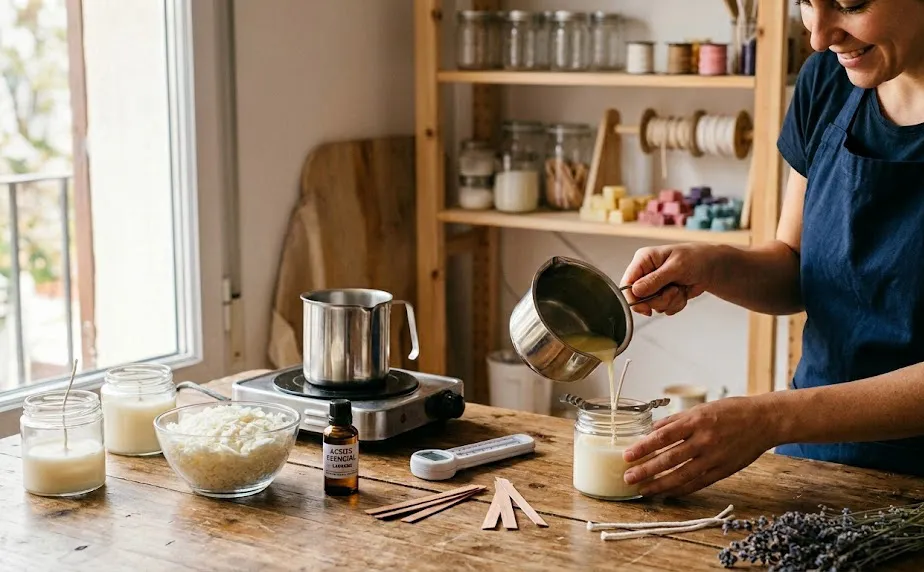 Una mujer sonriente con delantal azul vierte cera líquida de una jarra de metal en un frasco de vidrio para hacer una vela artesanal. Sobre la mesa de madera hay copos de cera, aceites esenciales, mechas y lavanda seca. Al fondo se ven estanterías con más materiales de artesanía.