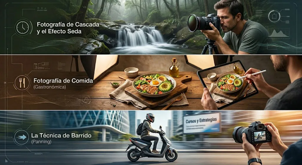 Infografía visual que desglosa tres módulos técnicos del temario de fotografía. El panel superior muestra la 'Fotografía de Cascada y el Efecto Seda' con un fotógrafo en un arroyo. El panel central ilustra la 'Fotografía de Comida (Gastronómica)' con un estilista de alimentos y una tablet. El panel inferior enseña 'La Técnica de Barrido (Panning)' con una scooter en movimiento y un fotógrafo rastreando el sujeto.
