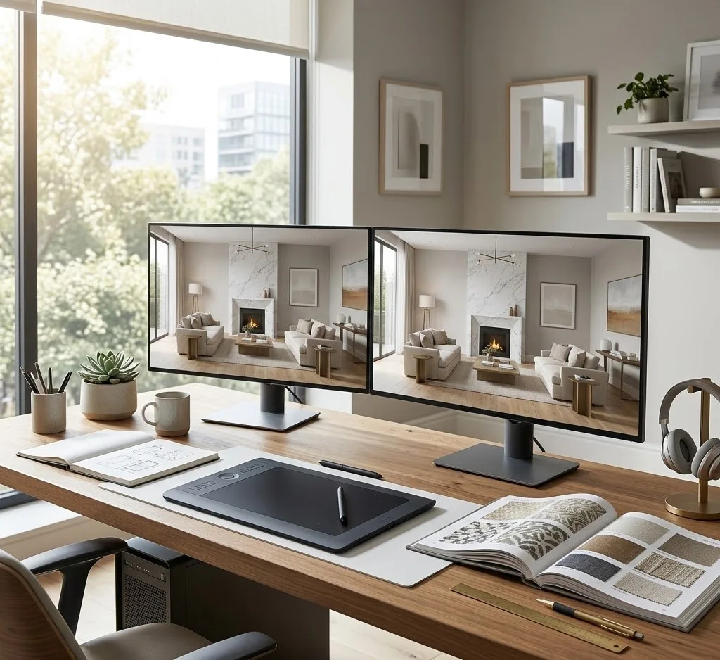 Espacio de trabajo moderno con dos monitores mostrando un renderizado 3D de un salón, una tableta gráfica y catálogos de textiles abiertos.