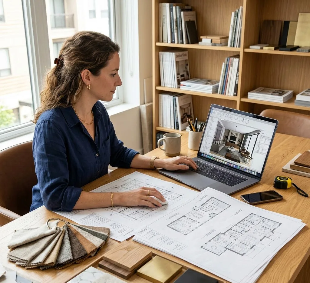 Un escritorio de un diseñador de interiores con planos arquitectónicos desplegados, un muestrario de telas y materiales naturales, y una computadora mostrando un software de modelado 3D en un ambiente luminoso.