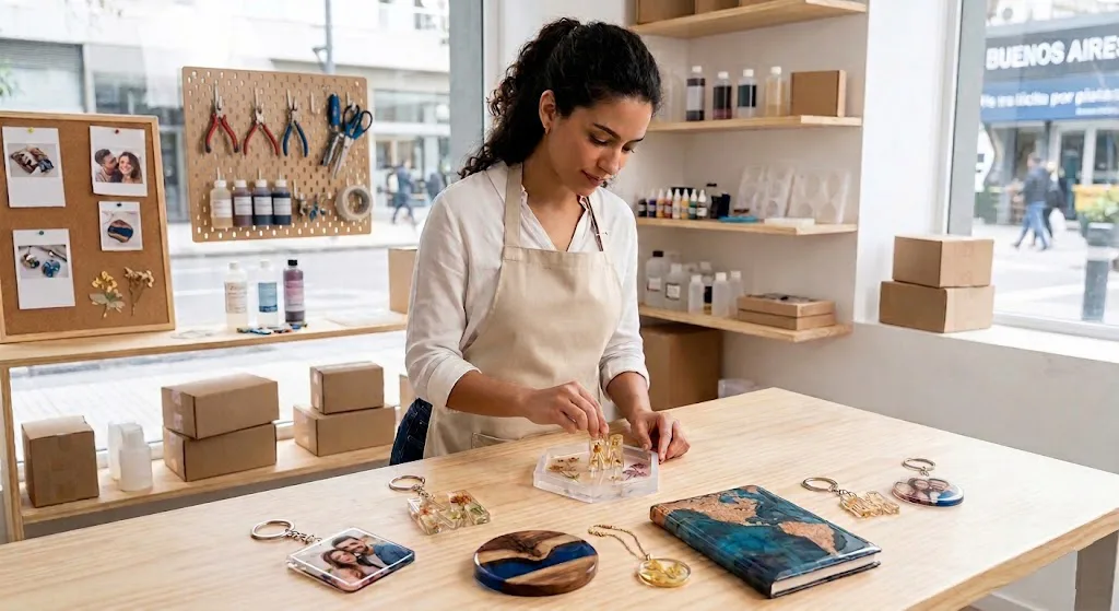 Emprendedora artesanal trabajando en su taller, ensamblando llaveros de letras personalizados con flores encapsuladas en resina epoxi transparente. Sobre la mesa de madera se observan varios productos terminados de alta calidad, como un marcapáginas con efecto geoda y otros llaveros, listos para la venta en un entorno de negocio creativo.