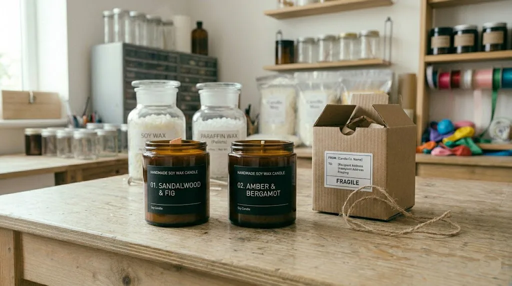 Dos velas artesanales de soja en frascos de vidrio ámbar con etiquetas minimalistas junto a su caja de cartón reciclado, listas para ser enviadas por correo.