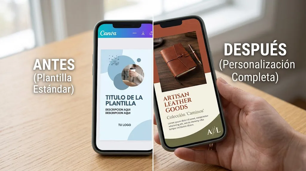 Un smartphone mostrando una comparativa 'antes y después'. A la izquierda, una plantilla estándar de Canva. A la derecha, la misma plantilla totalmente personalizada con colores de marca únicos, tipografías diferentes y una foto de producto real.