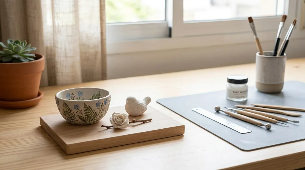 Vista panorámica fotorrealista de un taller de artesanía que muestra un cuenco de cerámica fría con detalles botánicos, una pequeña figura de pájaro y herramientas de modelado sobre una mesa de madera clara, iluminado por luz natural.