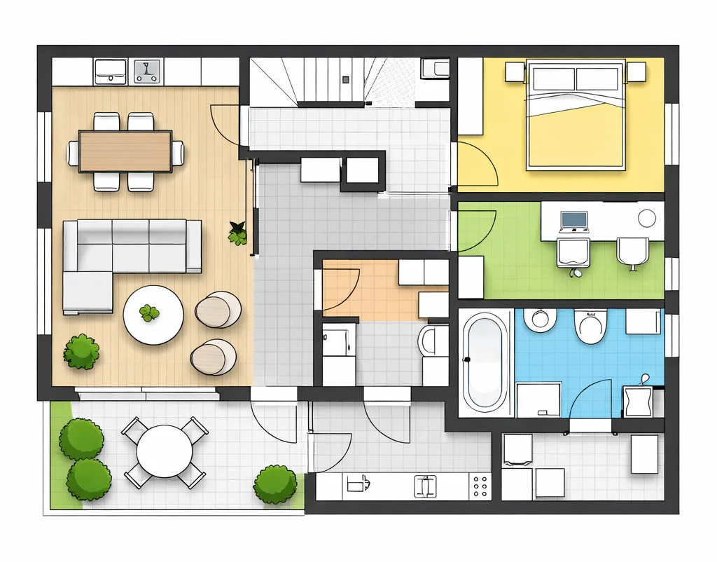 plano arquitectónico vectorial limpio editado en Adobe Illustrator con muros definidos, mobiliario y zonas diferenciadas por color sobre fondo blanco.