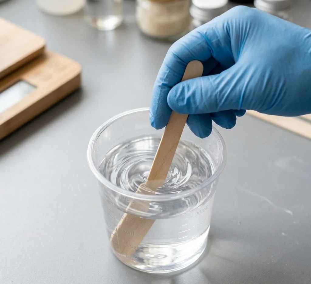 Primer plano de una mano con guante de nitrilo revolviendo suavemente resina transparente en un vaso de mezcla, mostrando una textura cristalina y sin burbujas.
