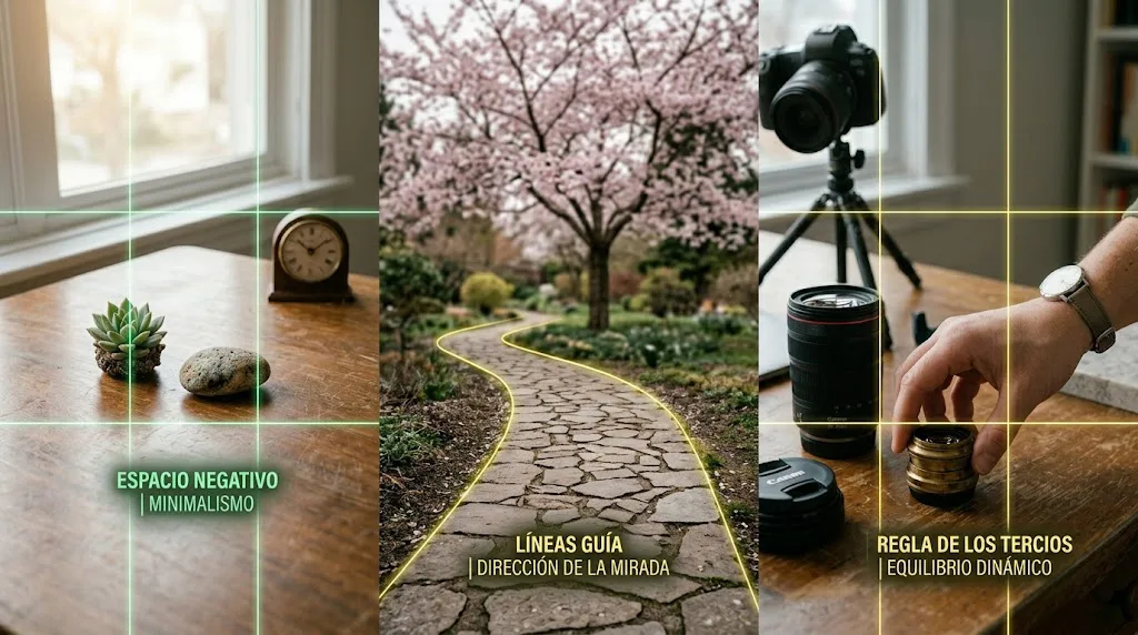 Una composición fotorrealista en formato cuadrado que ilustra visualmente tres reglas artísticas sin usar texto. En una sección, se observa una pequeña planta suculenta sobre una mesa de madera rodeada de un amplio espacio vacío para ejemplificar el espacio negativo. En otra, un sendero de piedras en un jardín que crea una línea curva hacia un árbol en flor como línea guía. En la tercera, una cuadrícula imaginaria de 3x3 donde el lente de una cámara está posicionado exactamente en una de las intersecciones, demostrando la regla de los tercios de forma técnica y clara.