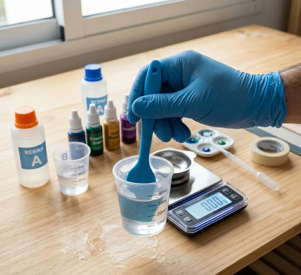 Primer plano de una mano con guante de nitrilo mezclando resina transparente en un vaso de plástico con una paleta de silicona, mostrando una mezcla limpia y sin burbujas.