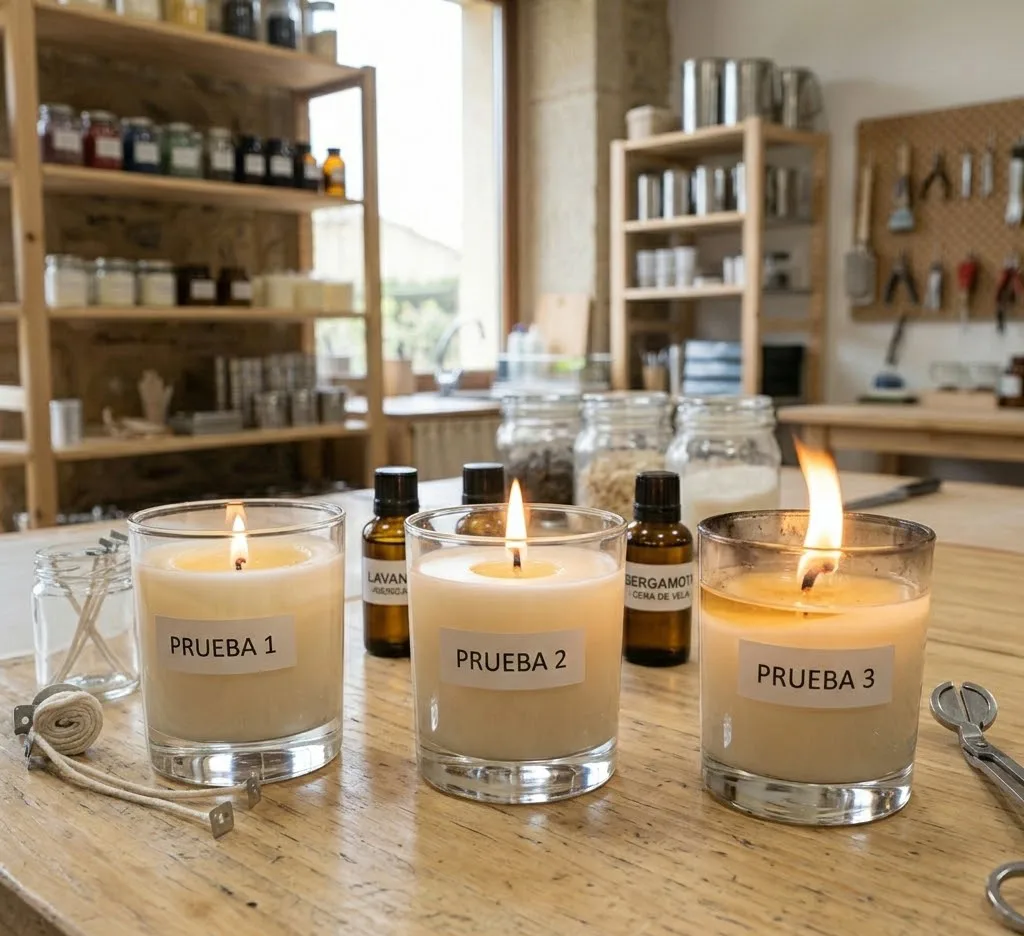 Tres vasos de vidrio con velas encendidas mostrando diferentes tamaños de llama y piscinas de cera para demostrar el test de quemado.