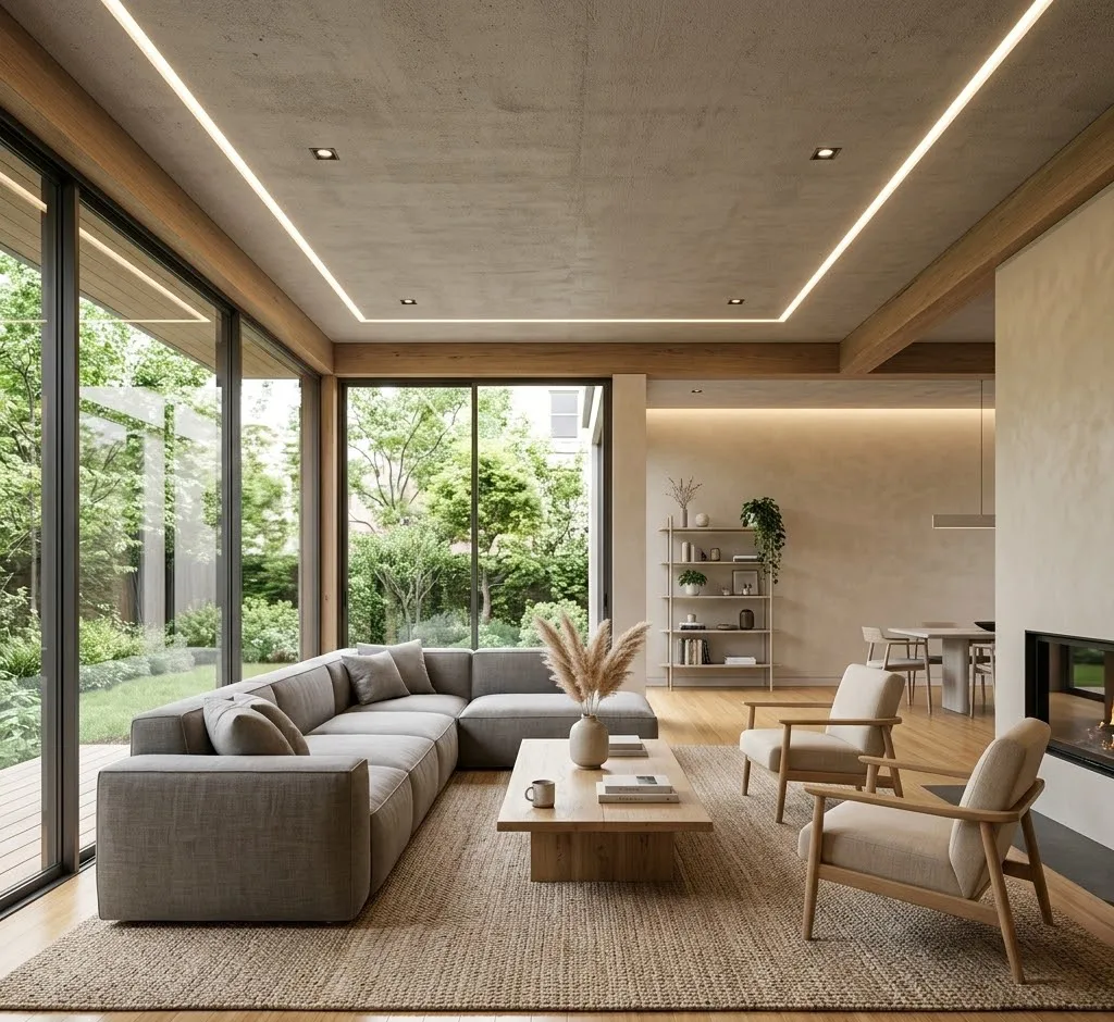 Un salón de diseño contemporáneo que muestra una distribución perfecta de los muebles, iluminación técnica integrada en el techo y grandes ventanales que aprovechan la luz natural.