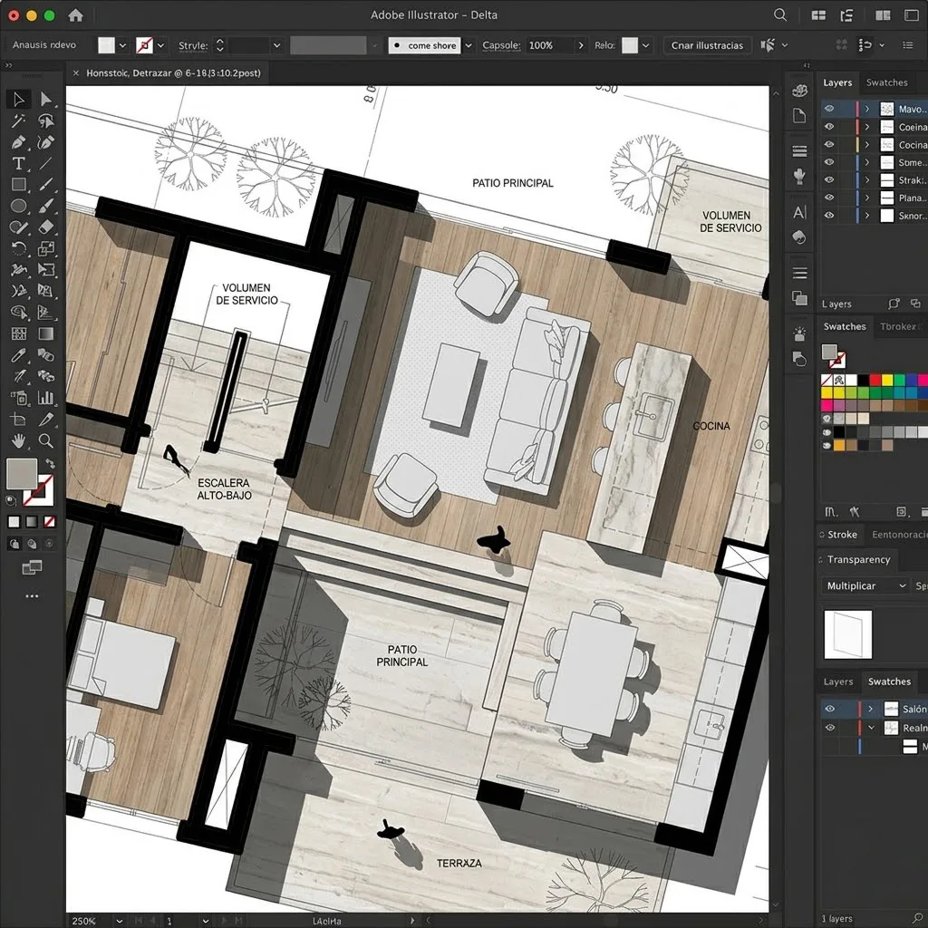Vista de una planta arquitectónica con sombras arrojadas en modo multiplicar, mostrando profundidad en los patios y volúmenes.