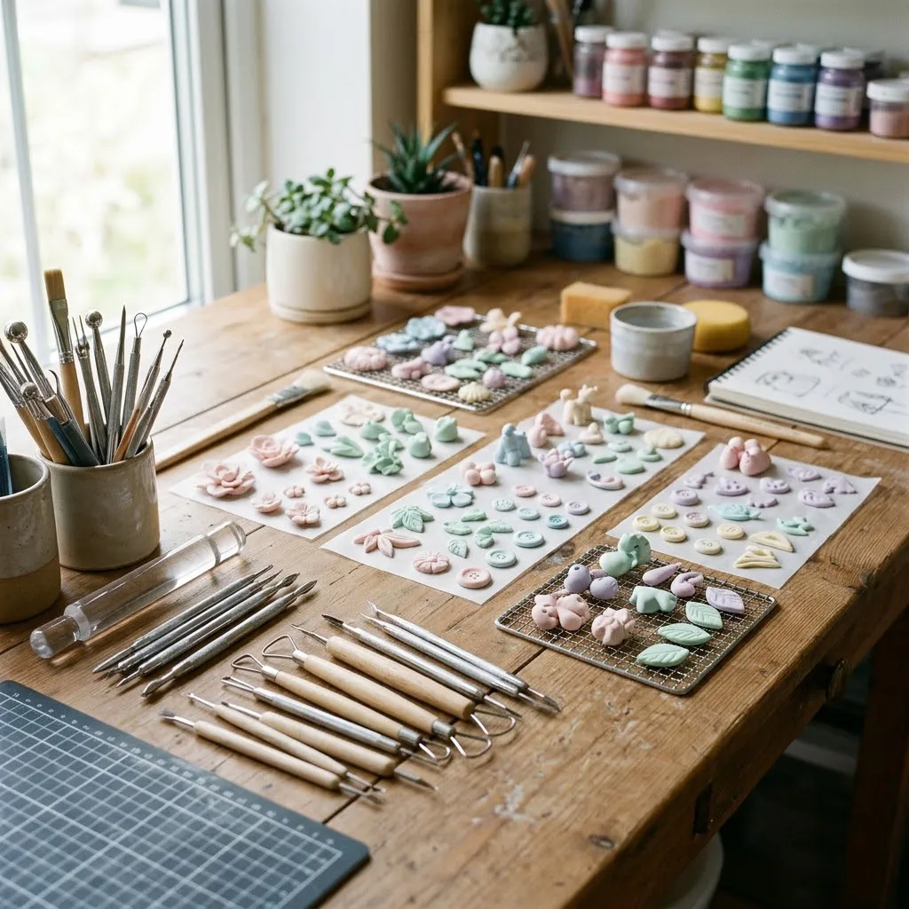 Un escritorio de madera organizado con herramientas de modelado, estecas metálicas, rodillos pequeños y varias piezas de arcilla fría en tonos pastel secándose de forma natural.
