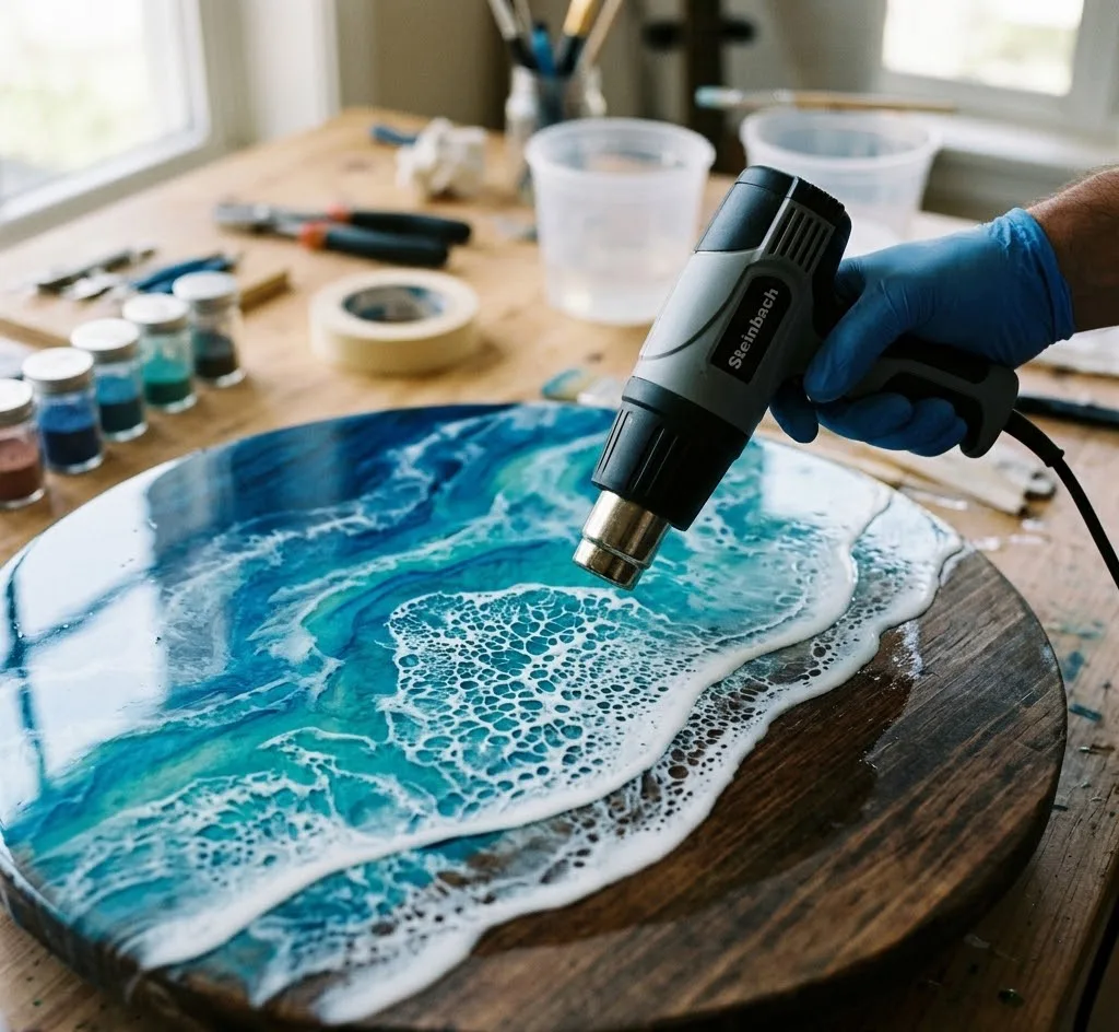 Primer plano de una mano utilizando una pistola de calor para crear celdas de espuma blanca en un diseño de resina que imita las olas del mar sobre una tabla de madera.