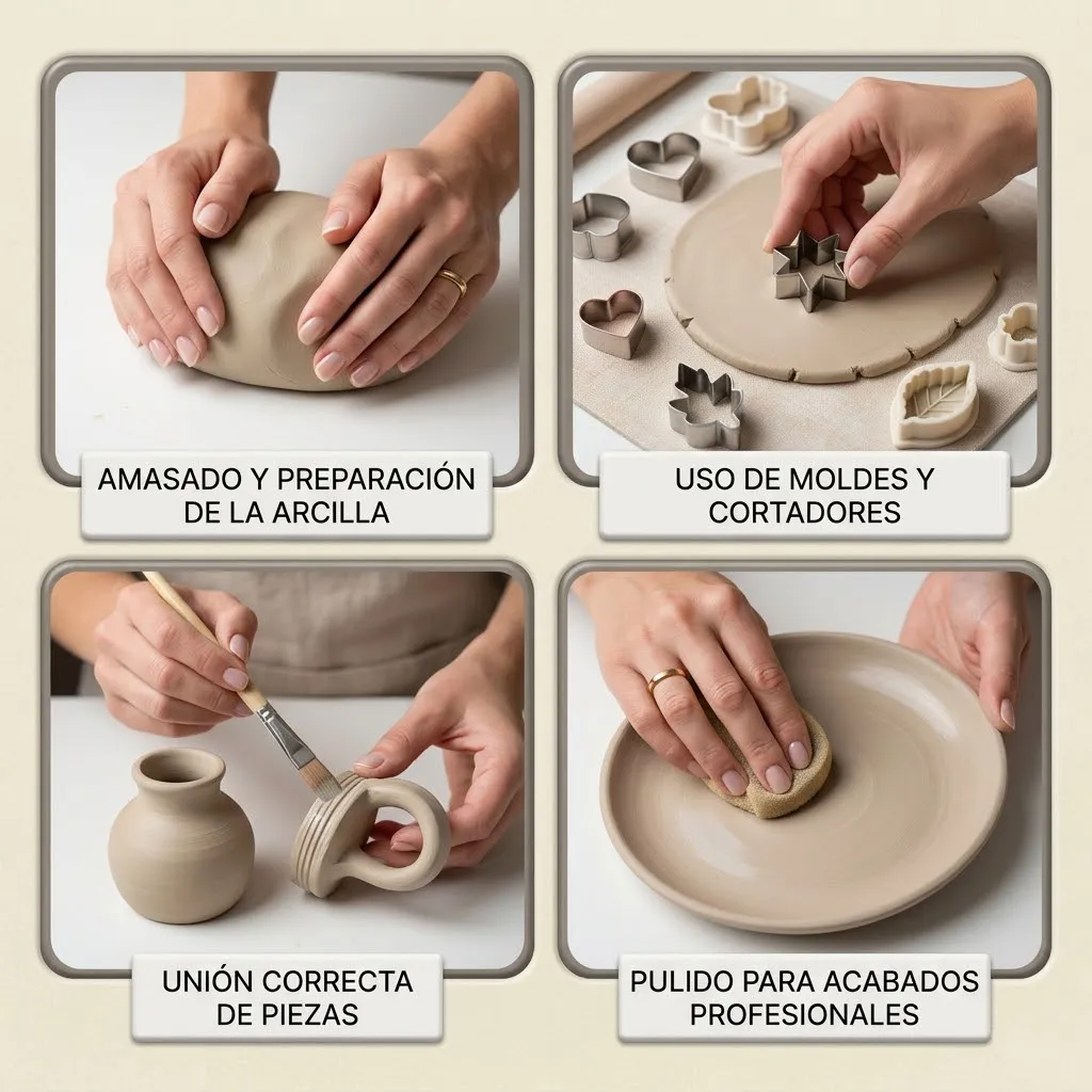 Guía visual con 4 pasos de técnicas básicas de modelado del curso: amasado, uso de moldes, unión y pulido de arcilla.
