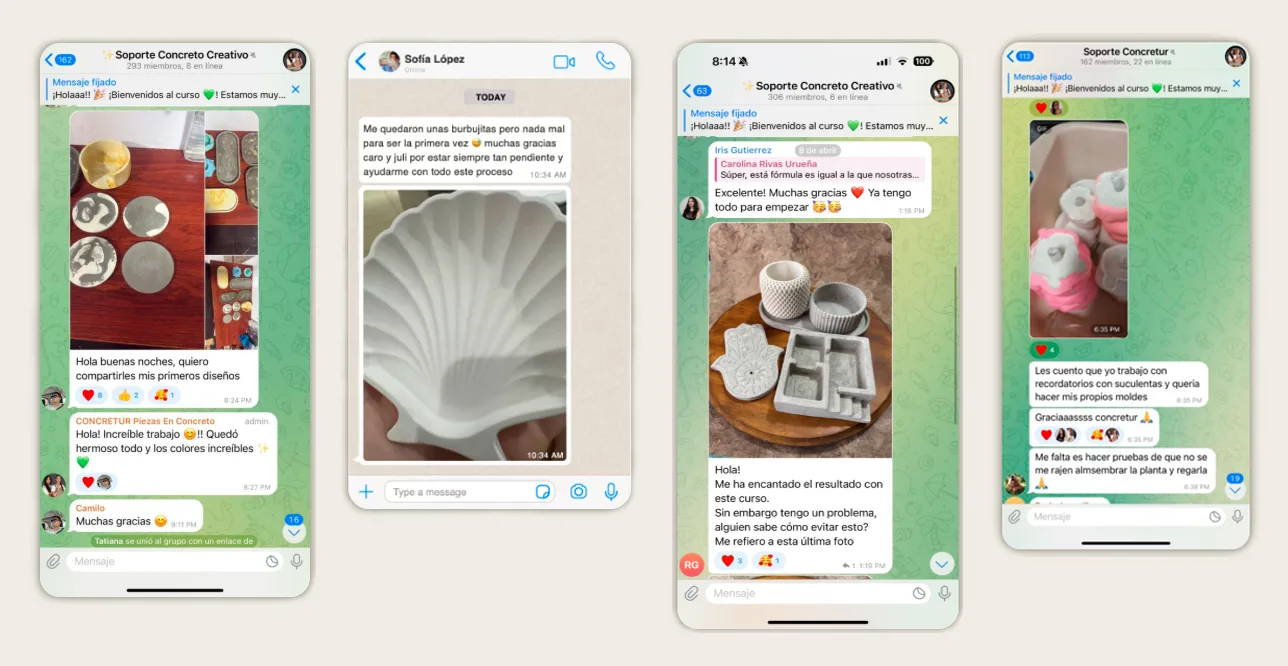 la imagen muestra distintas opiniones de alumnos del curso Piezas Decorativas en Arcilla Fría.