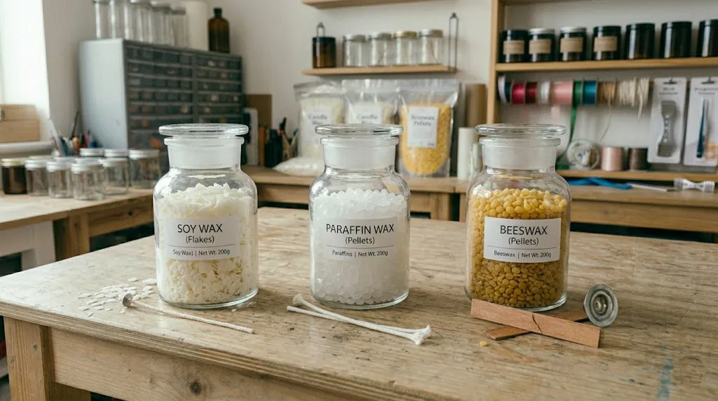 Tres frascos de vidrio idénticos mostrando diferentes tipos de cera y tres tipos diferentes de mechas de algodón y madera antes de ser ensamblados en un taller iluminado.