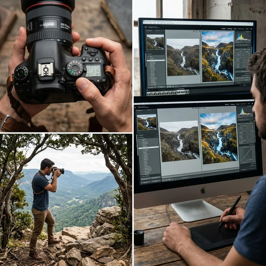 Infografía visual que muestra las tres etapas de transformación del curso De cero a CRACK en Fotografía: 1. Dominio técnico del modo manual en la cámara (arriba izquierda). 2. Edición profesional de paisajes en Adobe Lightroom con antes y después (derecha). 3. Composición de la mirada en exteriores (abajo izquierda).