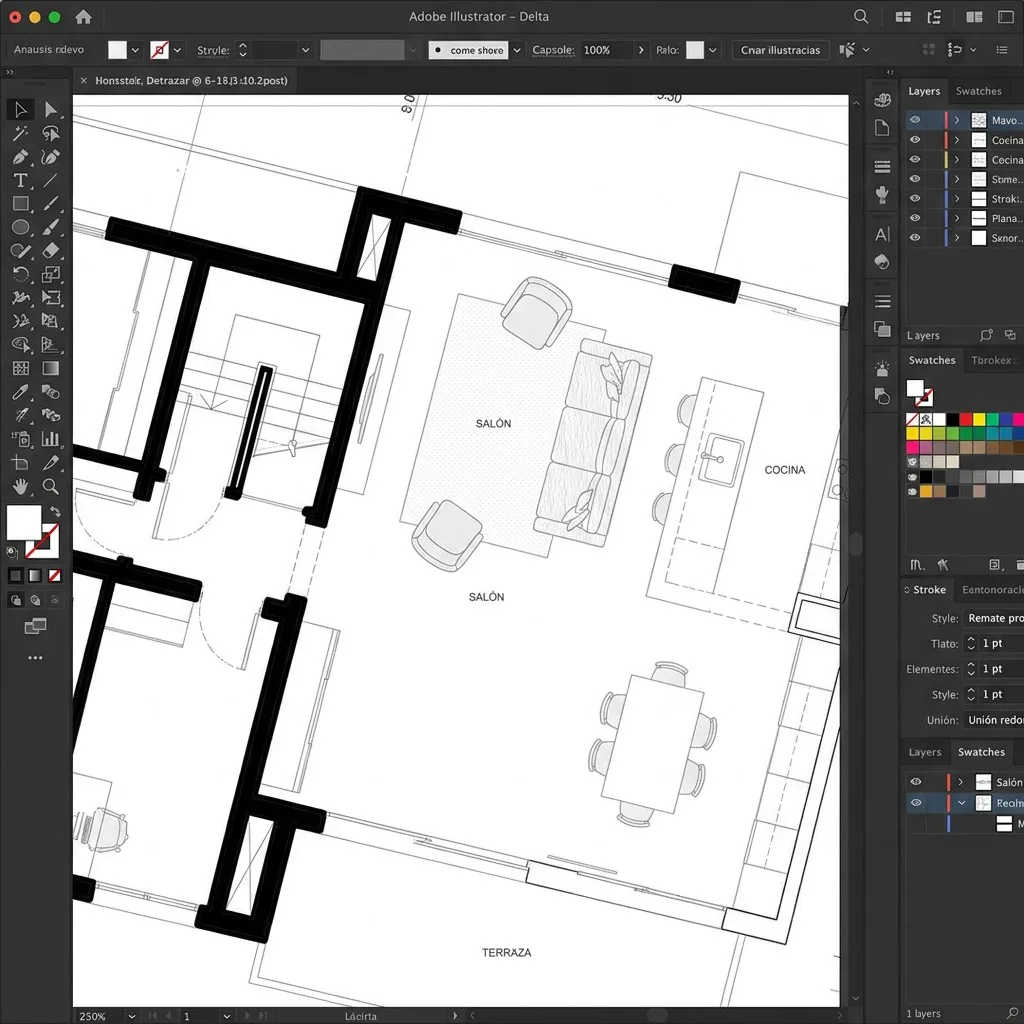 Detalle técnico en Adobe Illustrator mostrando la diferencia visual entre muros con trazo grueso y mobiliario con trazo fino en un plano de planta.