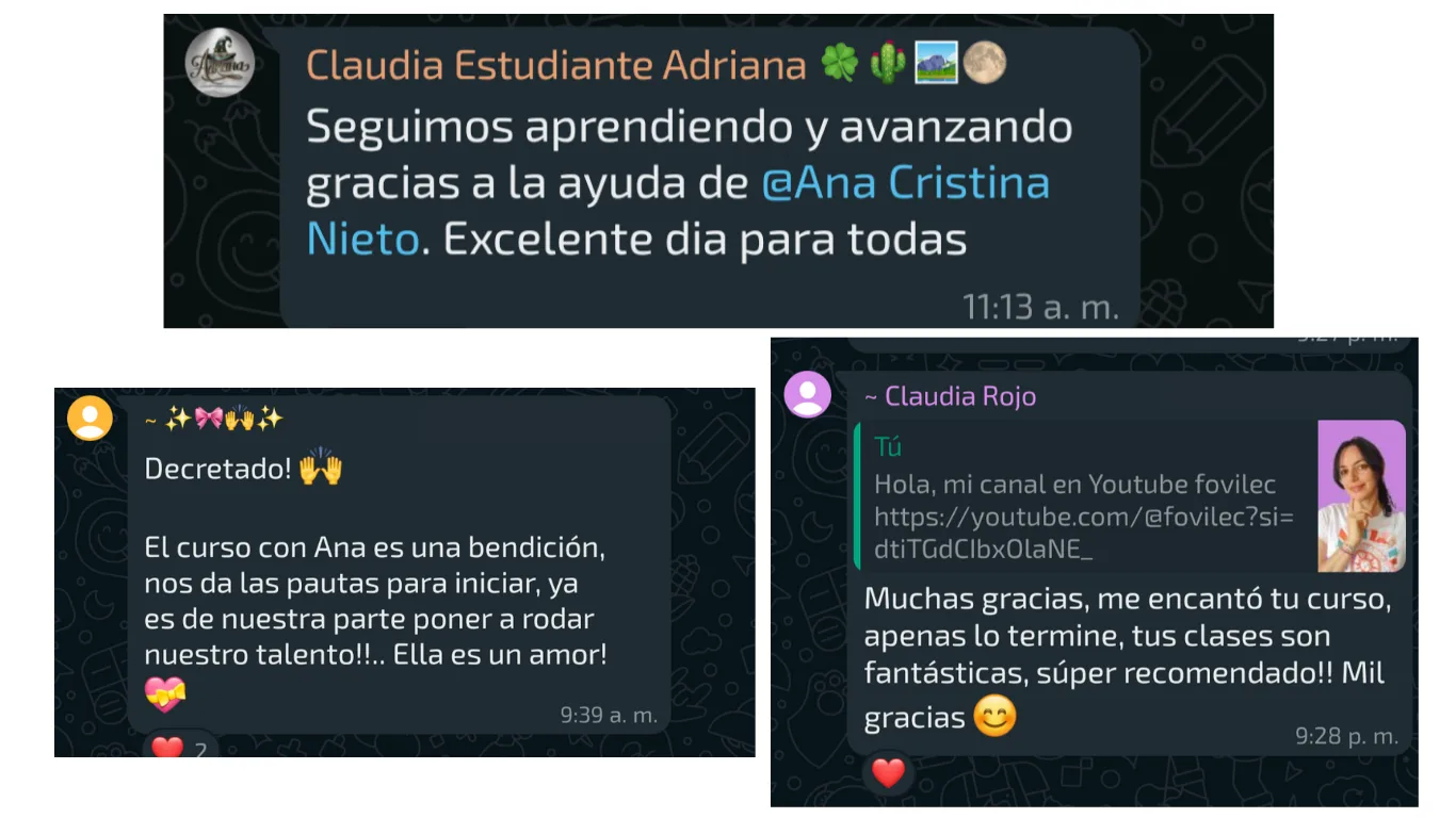 La imagen muestra testimonios de alumnos del Curso El Rentable Negocio De La Bisutería Creativa.