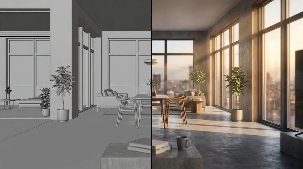 Imagen destacada que muestra una comparación visual: a la izquierda, un render base técnico y sin editar; a la derecha, el mismo render fotorrealista transformado por postproducción avanzada y Narrativas Gráficas.