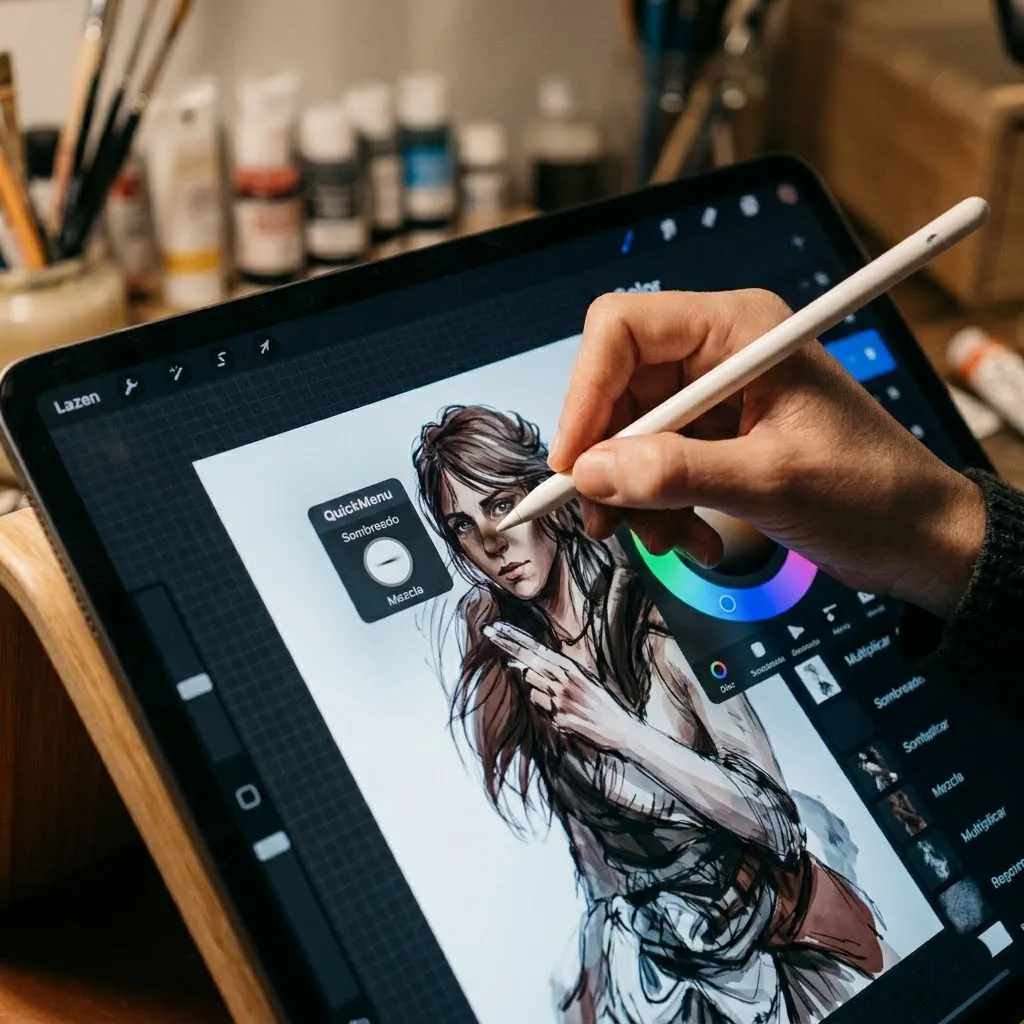 Vista de detalle fotorrealista de una mano usando un Apple Pencil para aplicar sombreado a una ilustración de un personaje; se observan los efectos de luz y la interfaz de selección de color de Procreate.