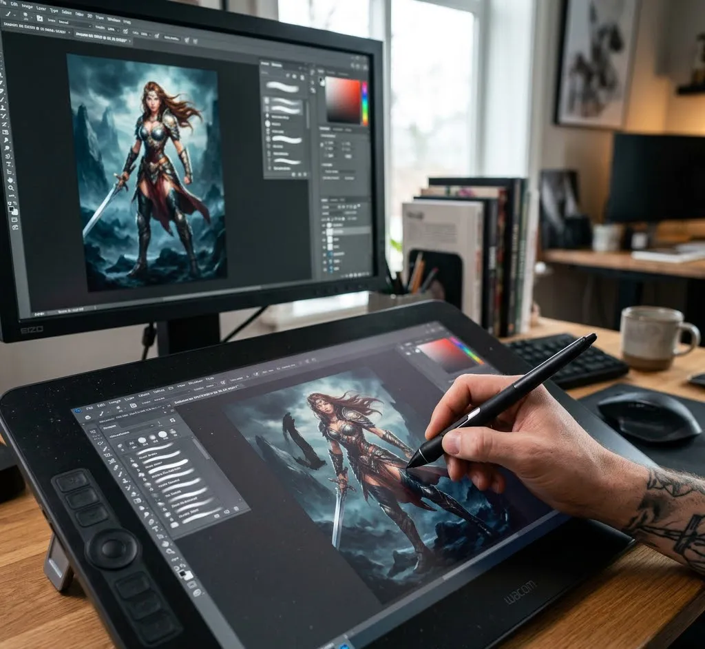 Primer plano de una mano utilizando un lápiz óptico sobre una tableta gráfica profesional, con un monitor de alta resolución mostrando un diseño conceptual de un personaje de fantasía en un entorno de software de ilustración.