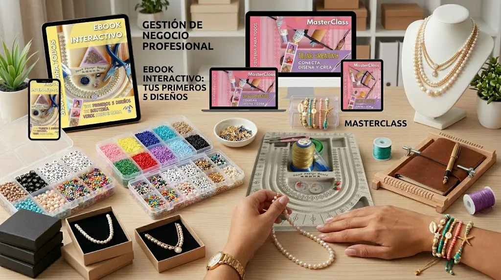 Vista cenital de un escritorio organizado de diseño de joyería y gestión de negocio. Se presentan varios dispositivos digitales (tablet, laptop, smartphone) mostrando las portadas de un "EBook Interactivo: Tus Primeros 5 Diseños" y una "MasterClass: Telar Creativo" junto con gráficos de métricas e-commerce. Sobre la mesa hay una gran variedad de cuentas y abalorios organizados en bandejas transparentes, carretes de hilo, cajas de regalo premium y una placa de diseño de joyería de fieltro gris con canales concéntricos. Manos con un reloj dorado manipulan una cadena de perlas. Al fondo, un maniquí exhibe collares terminados.