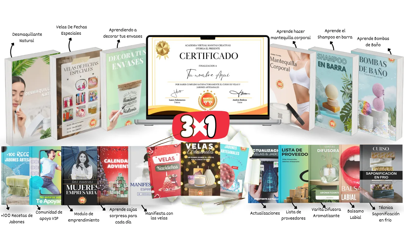 La imagen muestra los 16 bonus de regalo que el comprador se lleva con el curso y también el certificado oficial.