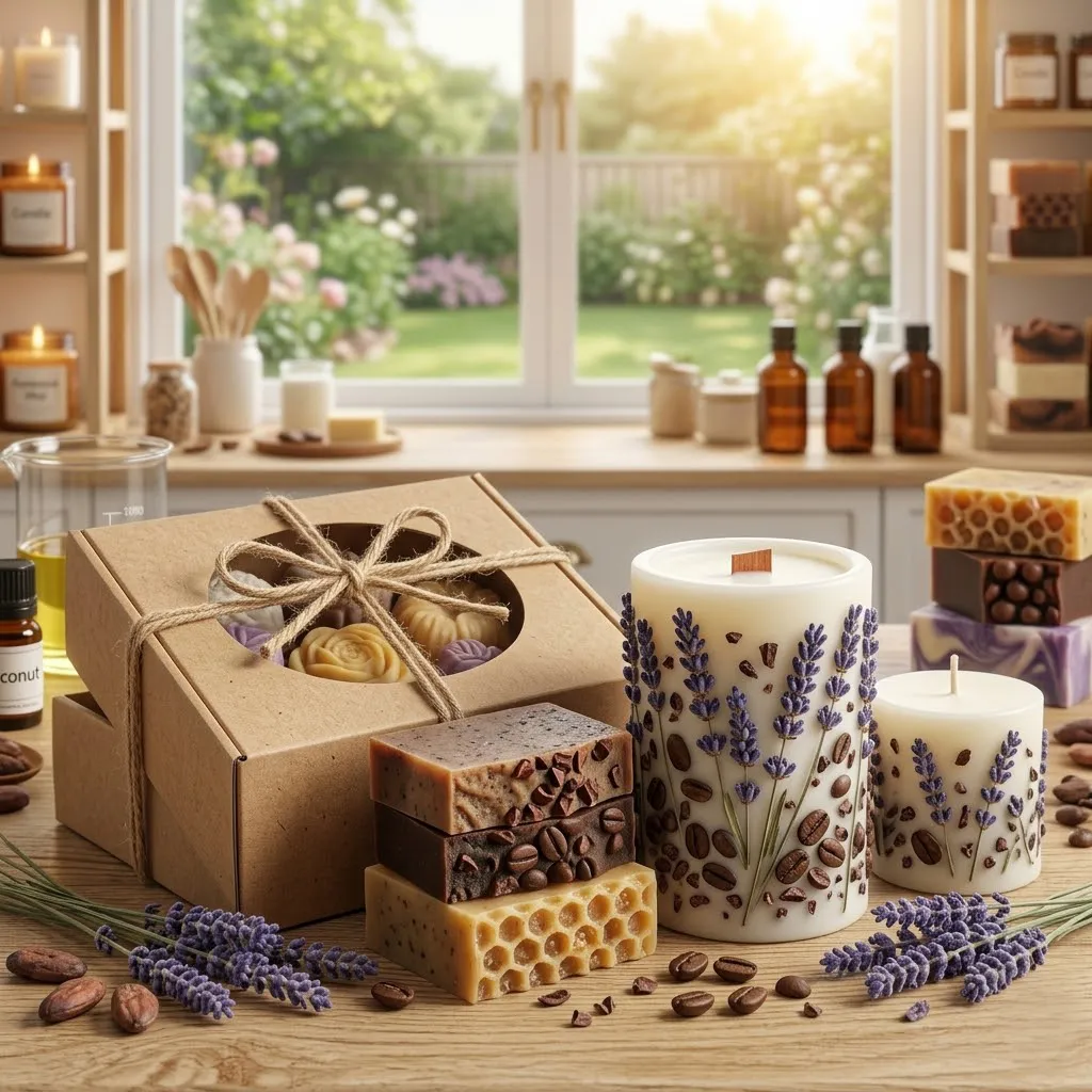 Una composición artística de jabones de cacao y café con texturas rugosas y velas de soja decoradas con flores secas de lavanda, presentadas en un empaque ecológico de cartón craft con cordón de yute.