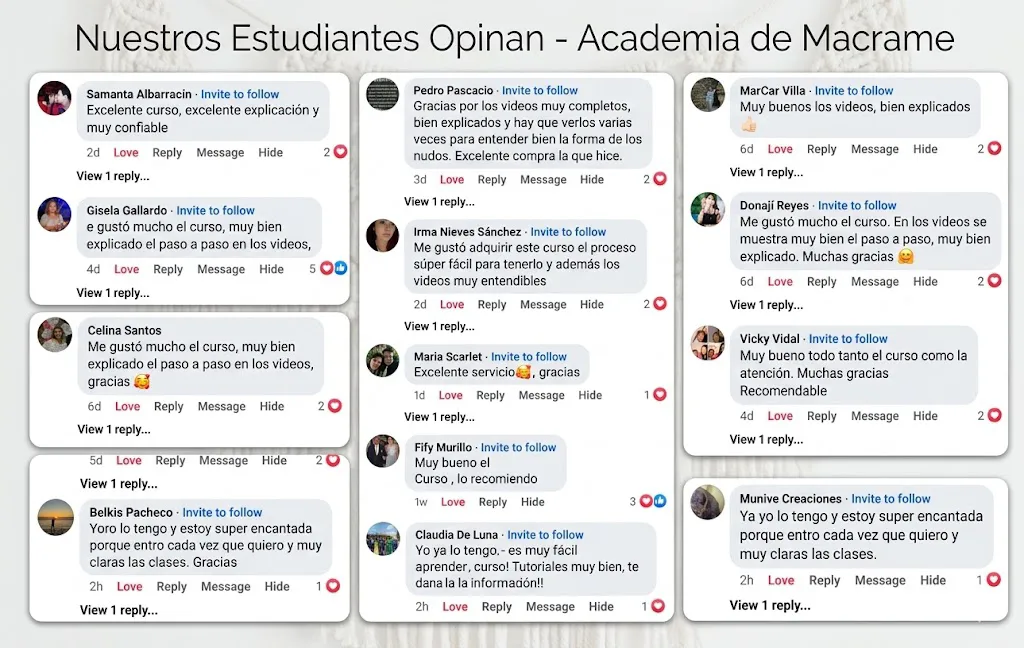 La imagen muestra distintos comentarios y testimonios de alumnos de la Academia del Macramé.
