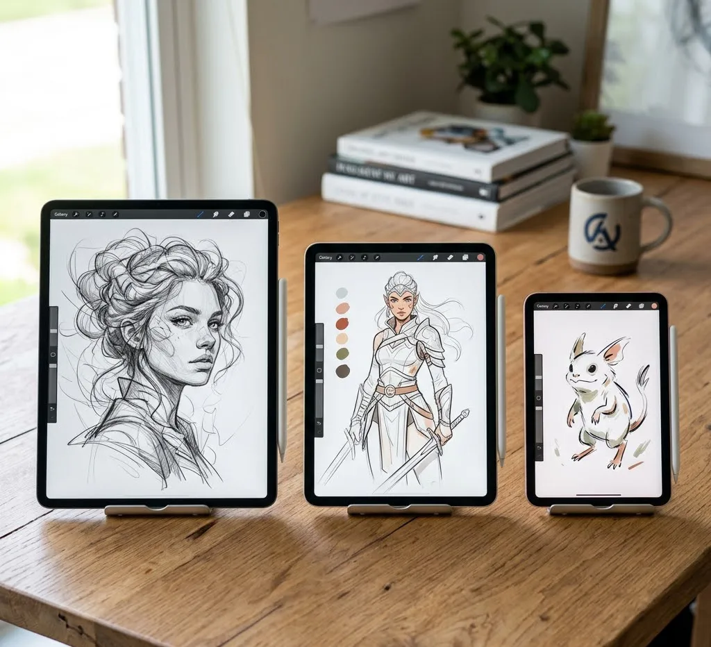 Tres modelos de iPad de distintos tamaños (Pro, Air y Mini) colocados uno al lado del otro, mostrando diferentes estilos de bocetos digitales y demostrando la diferencia de escala de las pantallas.