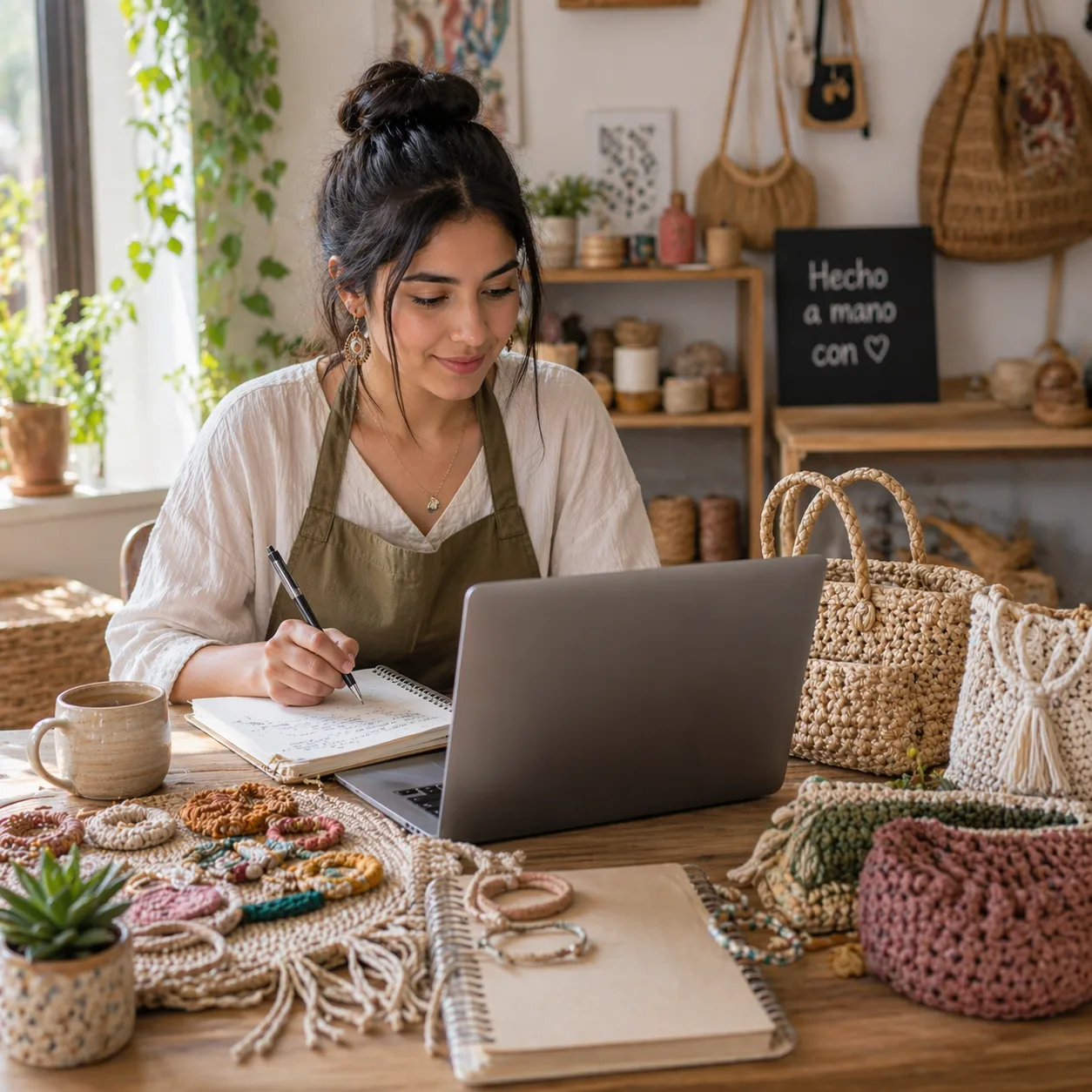Artesana joven trabajando en su emprendimiento desde un estudio creativo, escribiendo en su cuaderno mientras utiliza su laptop (pantalla no visible), rodeada de productos artesanales como tejidos y accesorios en un ambiente iluminado y acogedor.