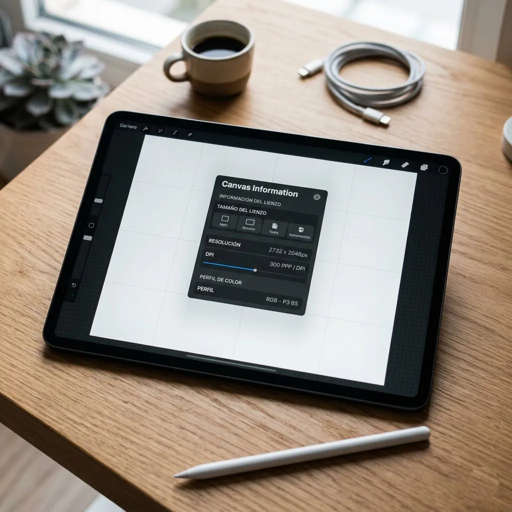 Un primer plano fotorrealista de un iPad Pro sobre un escritorio de madera minimalista, mostrando la interfaz de Procreate abierta en el menú de configuración de lienzo con opciones de resolución y DPI visibles.