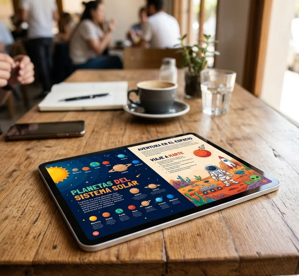 Una tablet sobre una mesa de madera mostrando el diseño interior de un eBook educativo con gráficos coloridos y maquetación profesional.